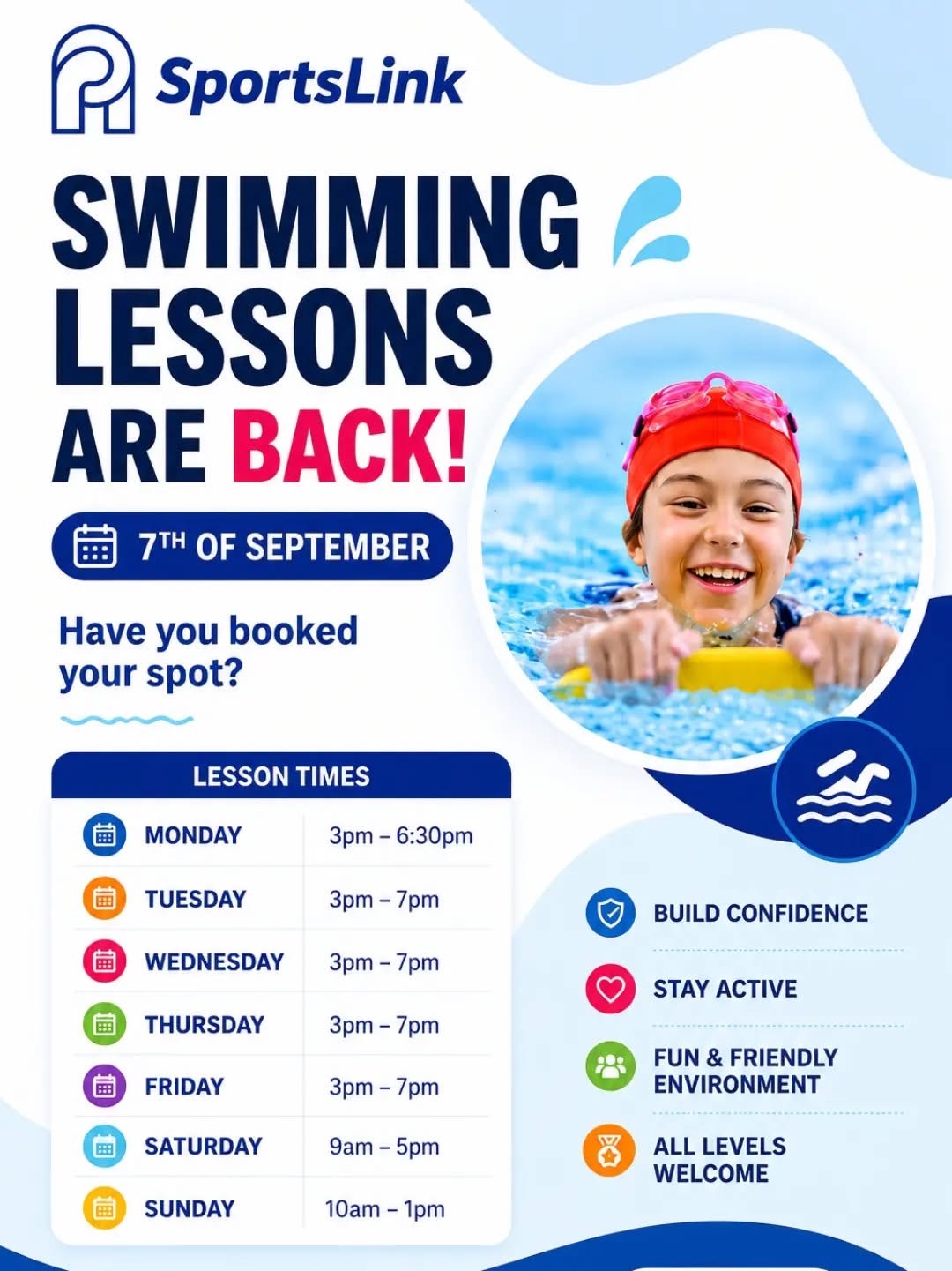 Swimming Lessons return the 7th of September